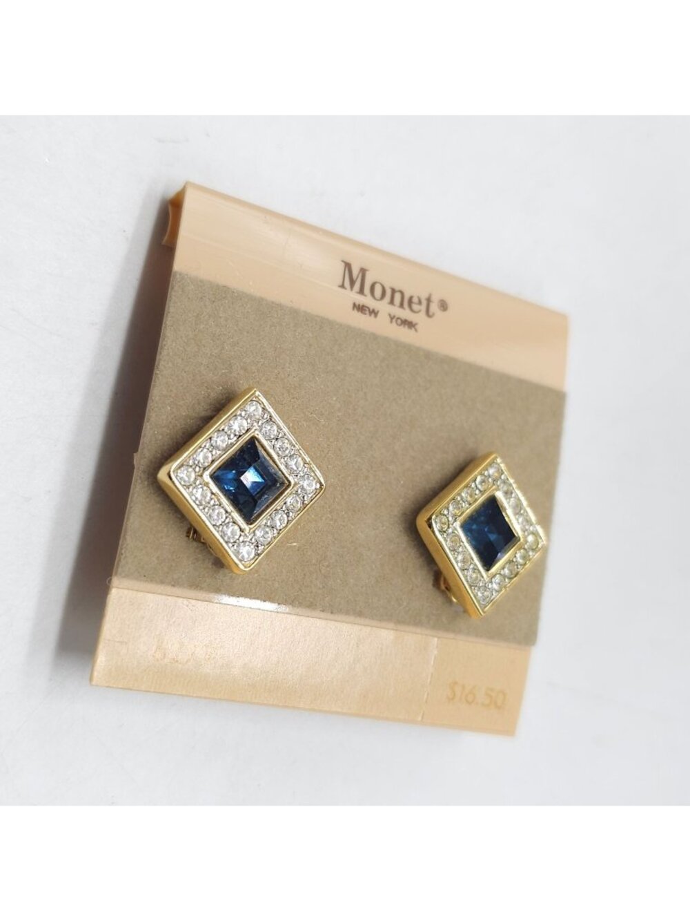 Monet Square Clip-On Earrings With Blue Clear Rhinestones Gold-Tone 1 Inch New
